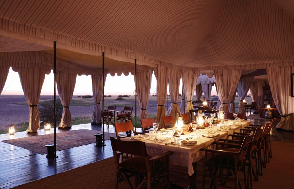 Dining under a tent at San Camp, Makgadikgadi, Botswana