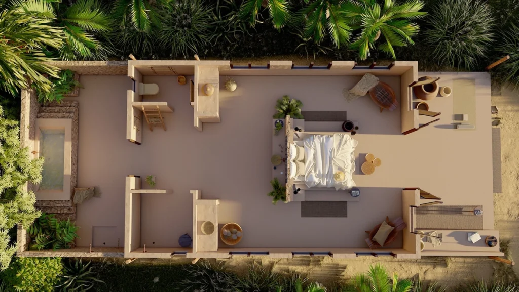 Bird's eye view of lodge bedroom plan in a tropical beach location.