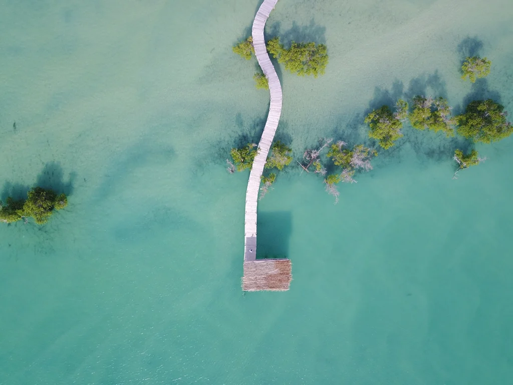 Ariel shot of Sussurro deck walk way through turquoise water in Mozambique.